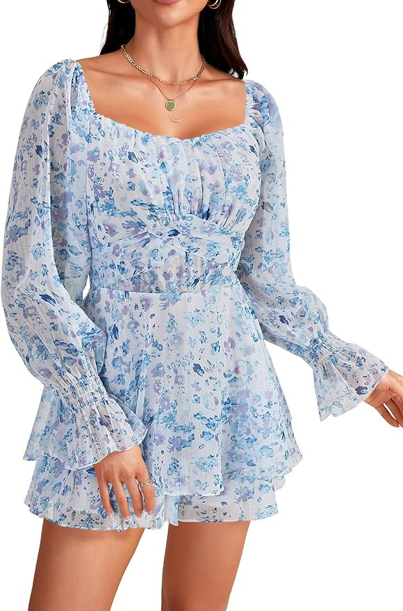LYANER Women's Floral Print Off Shoulder Long Sleeve Ruffle Hem Romper Short Jumpsuit | Amazon (US)