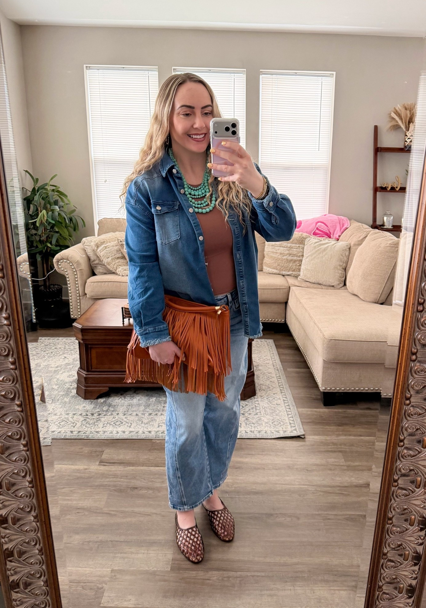 Tall girl friendly casual outfit with denim + jelly flats 🤎

Such a fun tall girl friendly outfit with straight leg denim, a denim button down, neutral tee, and a statement turquoise necklace. The fringe crossbody adds the perfect Western touch, and these woven jelly flats are a major trend this season.

Perfect for casual work days, weekend errands, brunch, or a coffee run.



#LTKTall #LTKootd