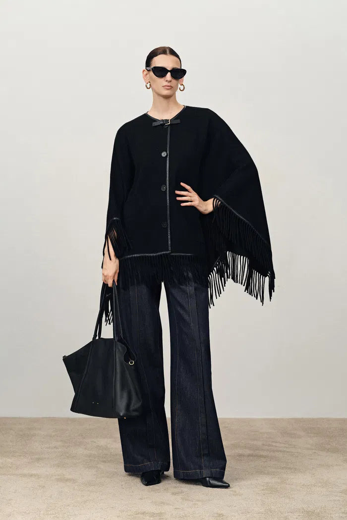 Luna Contrast Leather Fringe Poncho in Merino Cashmere Knit | Fabrique