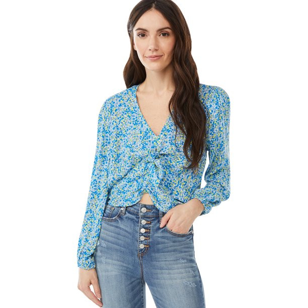 Scoop Long Sleeve Pullover Crop Tie Front Top (Women's) 1 Pack - Walmart.com | Walmart (US)