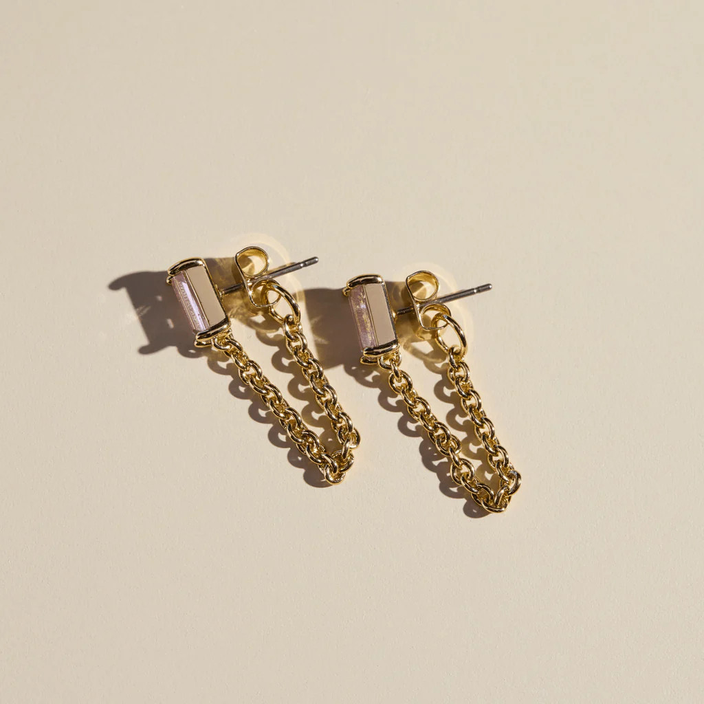 Pink Baguette Chain Drop Studs | Nickel and Suede