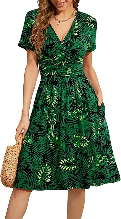 WEACZZY Women's Summer Short Sleeve Casual Dresses V-Neck Floral Party Dress with Pockets | Amazon (US)