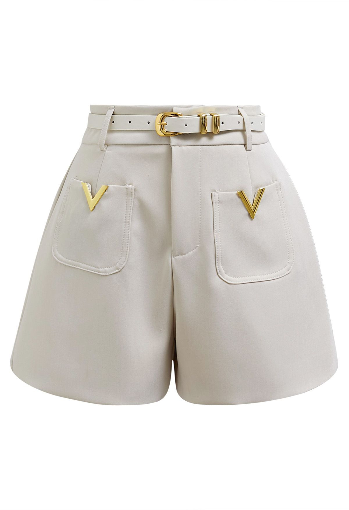 Golden V-Shape Metal Decor Belted Shorts in Ivory | Chicwish