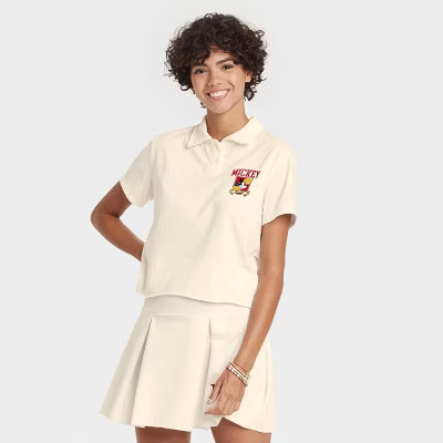 Women's Disney Mickey University Short Sleeve Cropped Graphic Polo Shirt - Ivory | Target