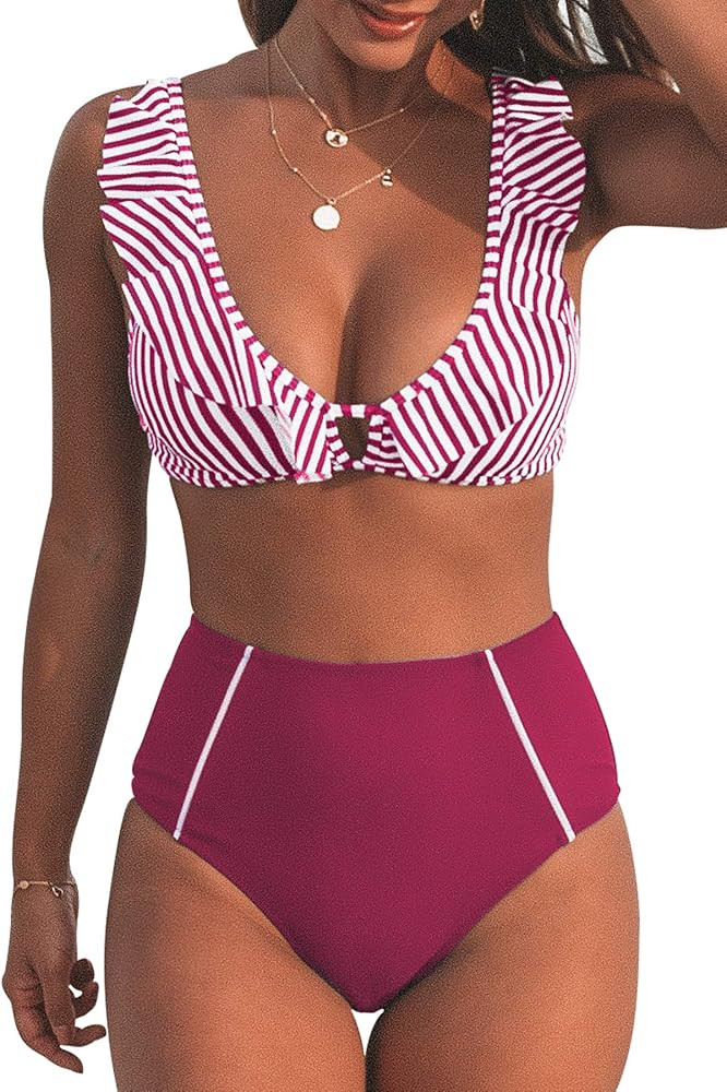 CUPSHE Women's High Waist Bikini Swimsuit Ruffle Floral Print Two Piece Bathing Suit | Amazon (US)