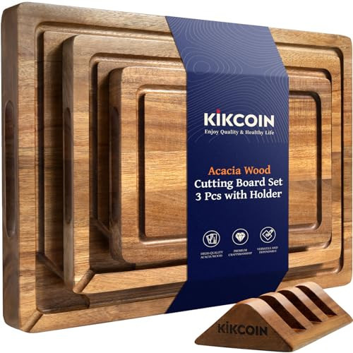 Kikcoin Acacia Wood Cutting Boards for Kitchen, 3 PCS Wooden Cutting Board Set with Holder, Chopping Board with Compartments and Juice Groove, Solid Charcuterie Boards Serving Tray Wood Butcher Block | Amazon (US)