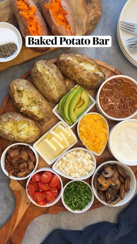 What toppings would you go for? Build Your Own BAKED POTATO BOARD 🥔🍠🧀🍅🥑

Full instructions and ingredients list on the BLOG ⬇️

https://ainttooproudtomeg.com/loaded-baked-potato-toppings-bar/

#ainttooproudtocheese #cheesebordingschool #feedfeed #tastemademedoit #loadedbakedpotato

* Add the butter pats, sour cream, cheese, chives, mushrooms, bacon, tomatoes, avocado, and chilli into separate small bowls or plates. Place them on the board first to anchor it.
* Cut the potatoes in half and place around the board.
* Serve with salt, pepper, and your favorite seasonings on the side

https://www.instagram.com/p/CnS8-1IpTDs/

#LTKhome #LTKSeasonal #LTKunder100