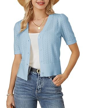 GRACE KARIN Cropped Cardigan Sweaters for Women Short Sleeve Crochet Knit Bolero Shrug V-Neck But... | Amazon (US)
