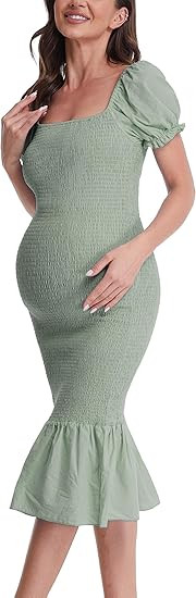 Maternity Summer Midi Bodycon Dresses, Short Puff Sleeve Square Neck Ruffle Hem Mermaid Baby Show... | Amazon (US)