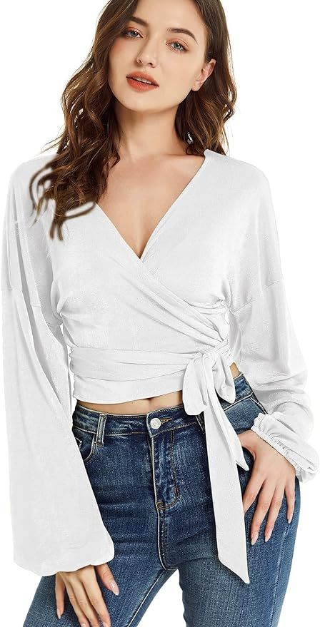 LYANER Women's V Neck Self Tie Knot Bishop Long Sleeve Wrap Crop Blouse T-Shirt Top | Amazon (US)