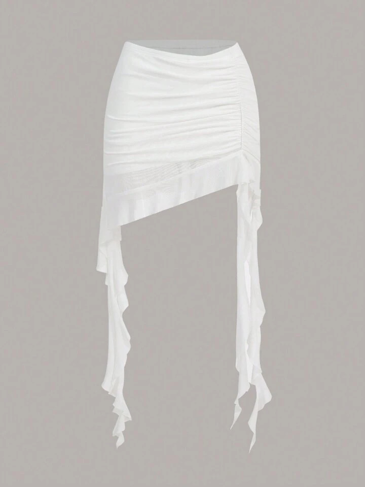 SHEIN ICON Summer White Solid Asymmetrical Ruched Ruffle Hem Skirt,Ladies Casual Asymmetrical,Ruc... | SHEIN