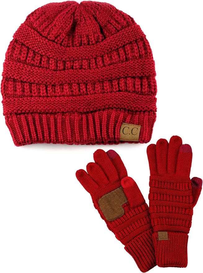 C.C Unisex Soft Stretch Cable Knit Beanie and Anti-Slip Touchscreen Gloves 2 Pc Set 2 Pc Set | Amazon (US)