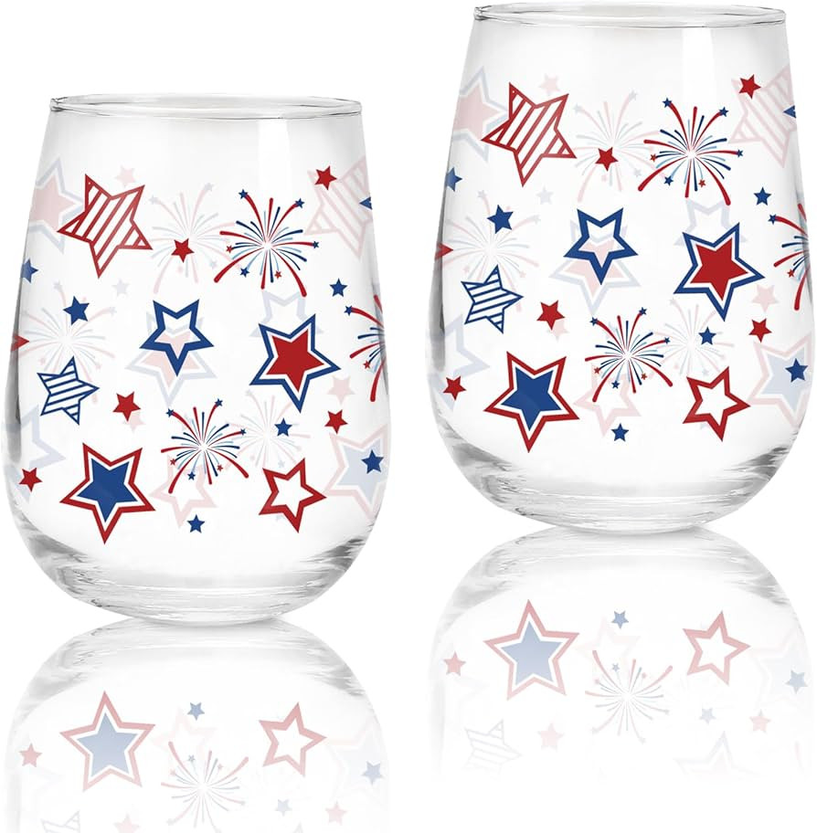 JarThenaAMCS 2 Pcs Patriotic Stemless Wine Glasses 17 Oz Red Blue Star Firework Drinking Glasses ... | Amazon (US)