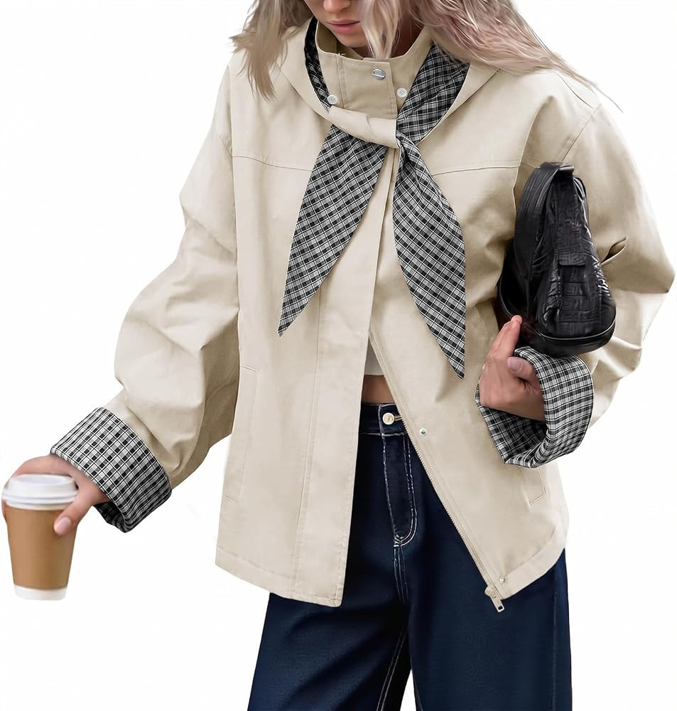 Tankaneo Womens Cropped Trench Coats Fall Jacket with Plaid Detachable Hood | Amazon (US)
