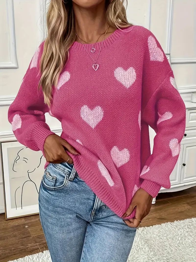 Heart Pattern Crew Neck Knit Sweater, Casual Long Sleeve Pullover Sweater For Fall & Winter, Wome... | Temu Affiliate Program