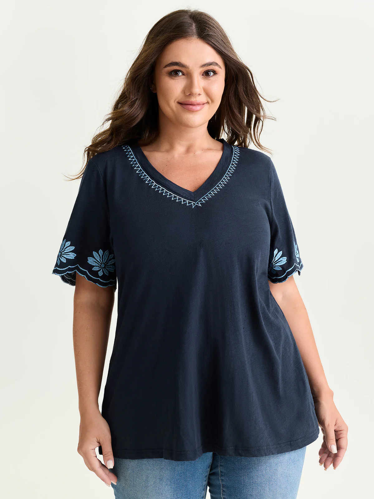 Cotton Stretchy V-Neck Floral Print T-Shirt | Bloomchic