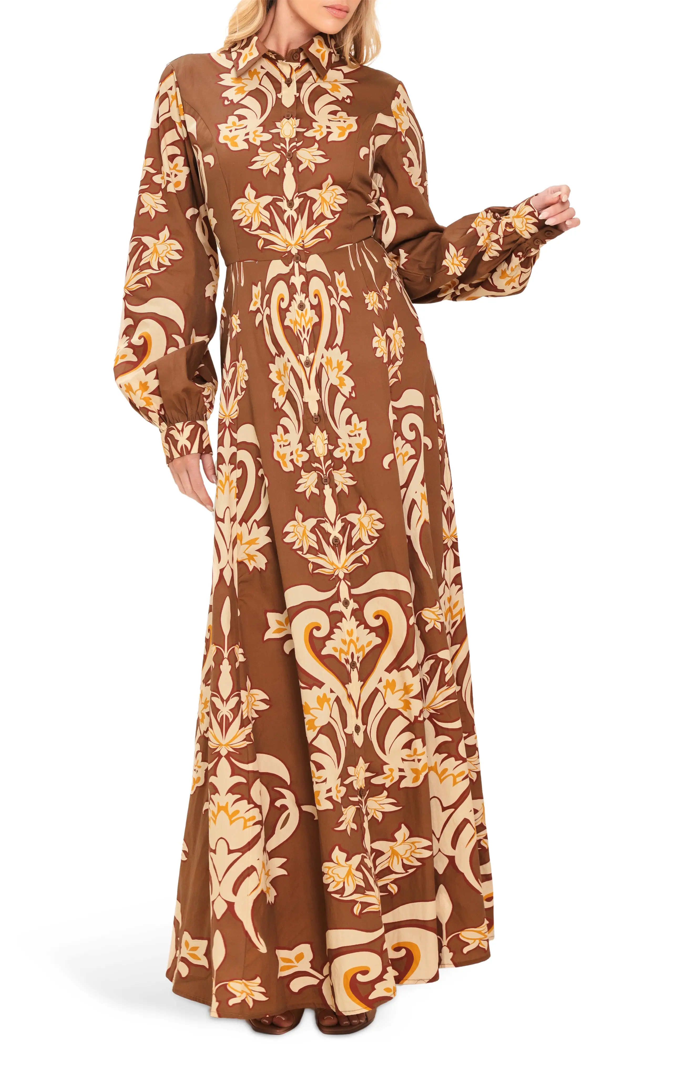 FLYING TOMATO Long Sleeve Cotton Maxi Shirtdress in Brown at Nordstrom Rack, Size Medium | Nordstrom Rack