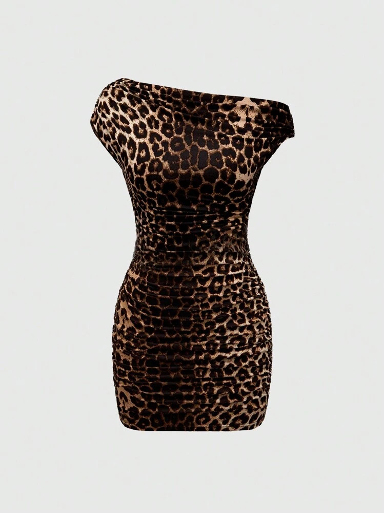 ROMWE Grunge Punk Y2K Gyaru Leopard Print Sexy Asymmetrical Neck Bodycon Mini Dress | SHEIN