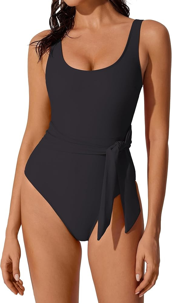 RXRXCOCO Women One Piece Swimsuit Tummy Control Cute Waist Tie Slimming Bathing Suit Cutout Full ... | Amazon (US)