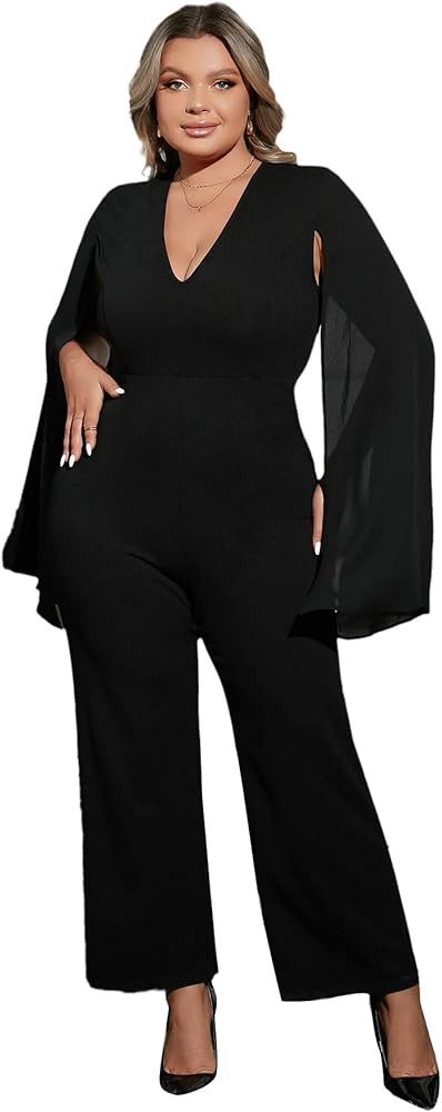 WDIRARA Women's Deep V Neck Split Long Sleeve High Waist Jumpsuit Elegant Formal Wide Leg Long Pa... | Amazon (US)