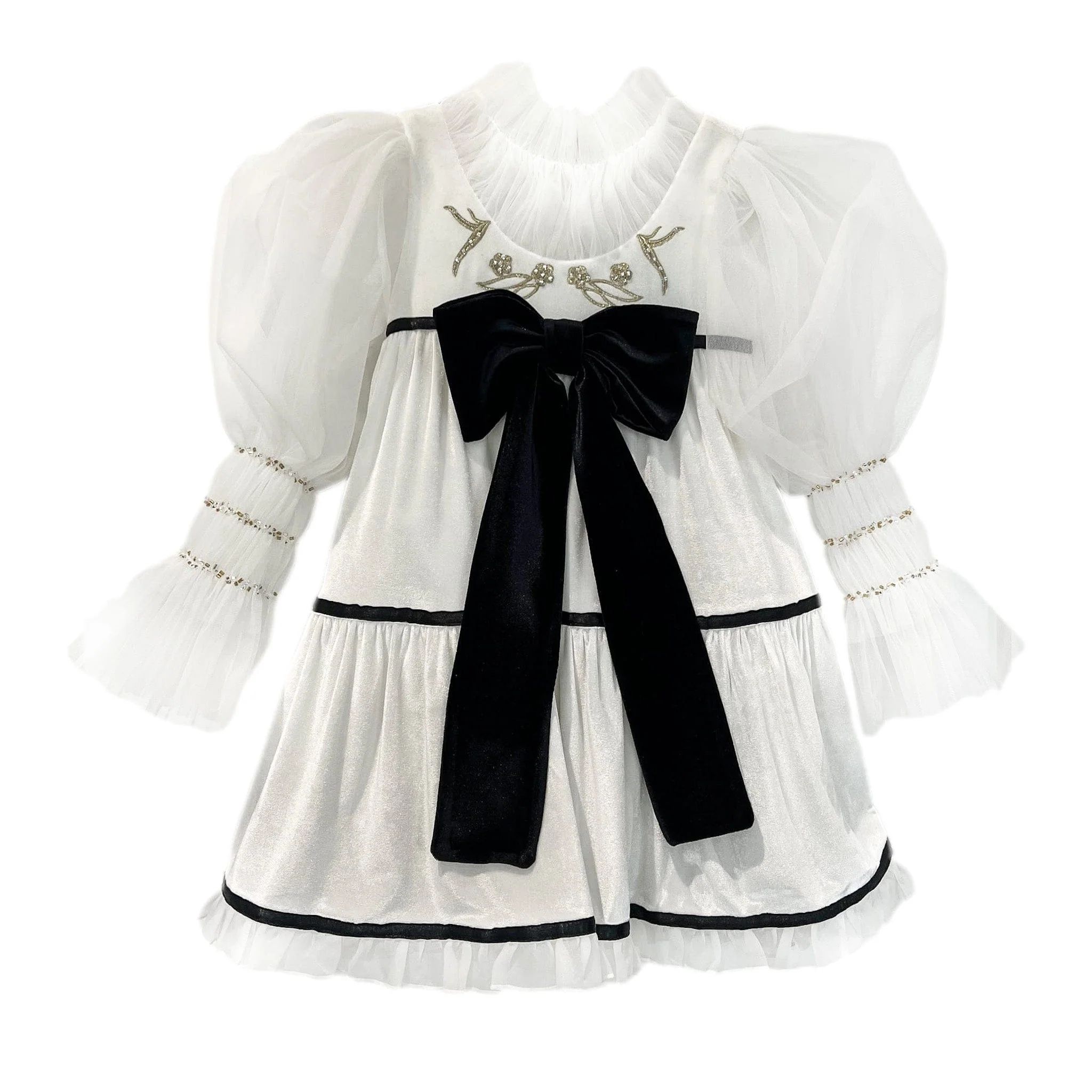 Aurora Ivory Velour Dress with Tulle Puff Sleeves | petite maison kids