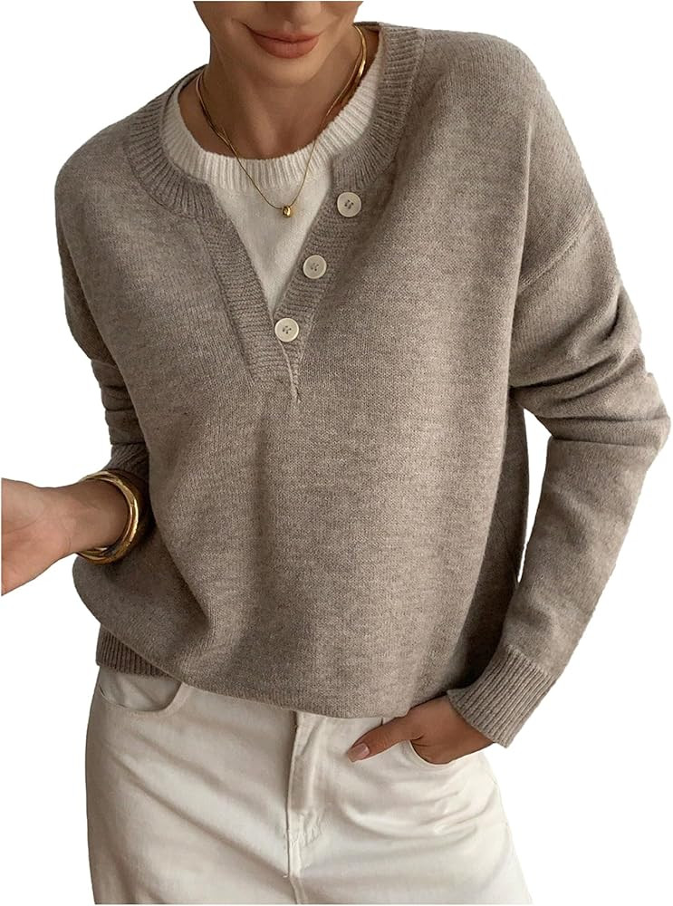 GORGLITTER Women's Button Up V Neck Sweater Cozy Fall Fashion Color Block 2 in 1 Long Sleeve Tren... | Amazon (US)