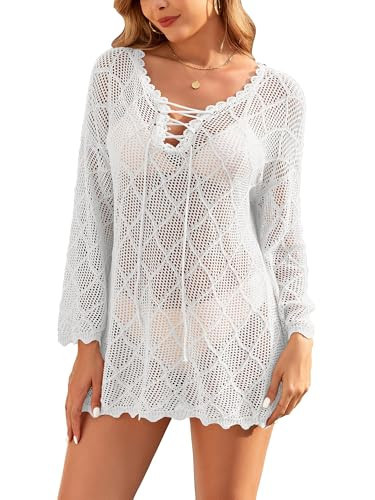 VIAURBE Women's Crochet Cover Ups 2025 Hollow Out Bathing Suit Bikini Coverup Knit Swimsuit Beach Dress White 2XL | Amazon (US)