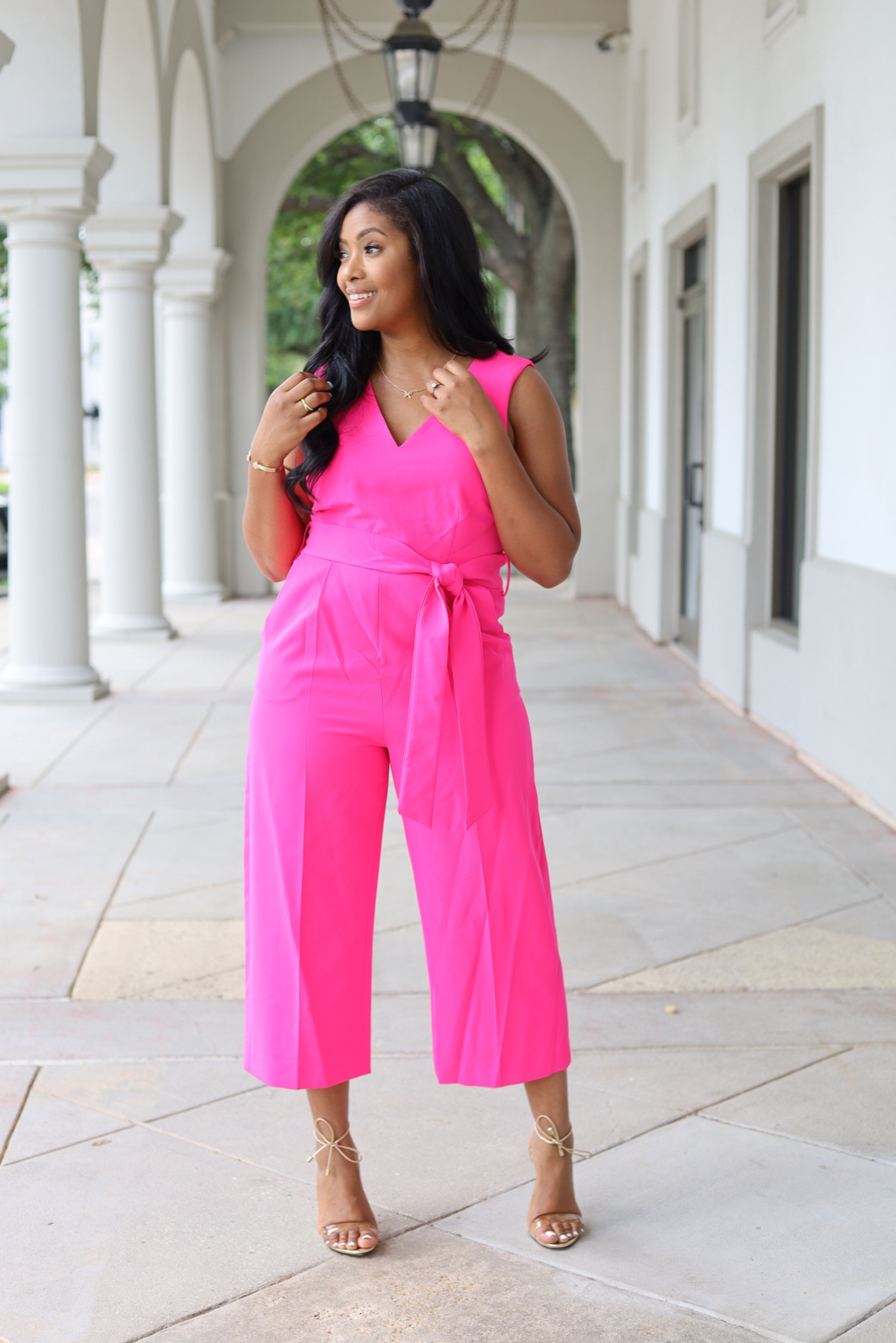 Pink jumpsuit, nordstrom find. Cropped jumpsuit, hot pink, tie waist, wedding guest outfit, bold fashion, sleeveless jumpsuit, mid sized fashion, Mother’s Day outfit. 

#LTKstyletip #LTKwedding #LTKworkwear