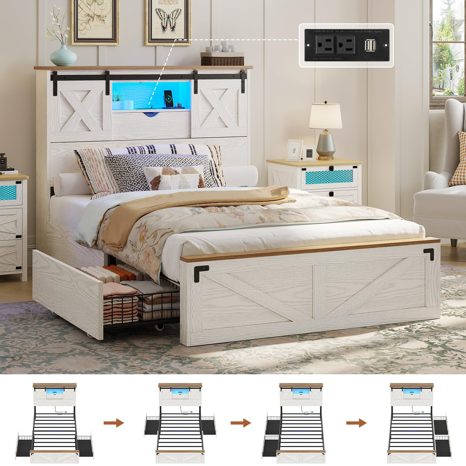 Hasuit Farmhouse Bed Frame Twin Size with 2 Storage Drawers, Wooden Platform Twin Bed with LED Li... | Amazon (US)