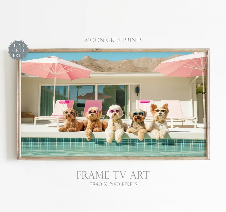 Summer Frame TV Art, Dogs With Sunglasses Chilling by the Pool TV Picture, Pink Palm Springs Phot... | Etsy (US)