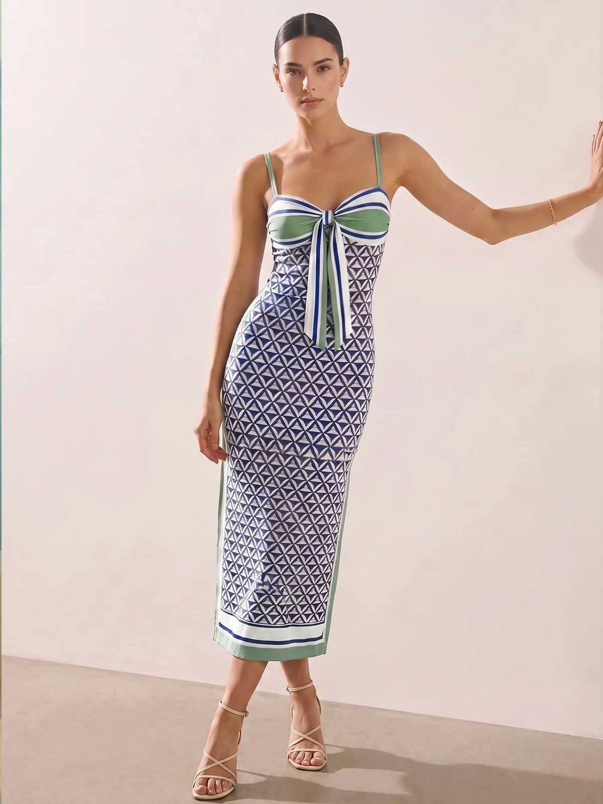 Geometric Print Tie-Front Slit Maxi Slip Dress | Commense