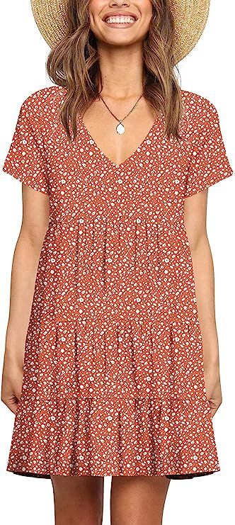 Hocuos Women Summer Tunic Dress V Neck Pleated Short Sleeves Casual Flowy Tshirt Dresses Solid Co... | Amazon (US)