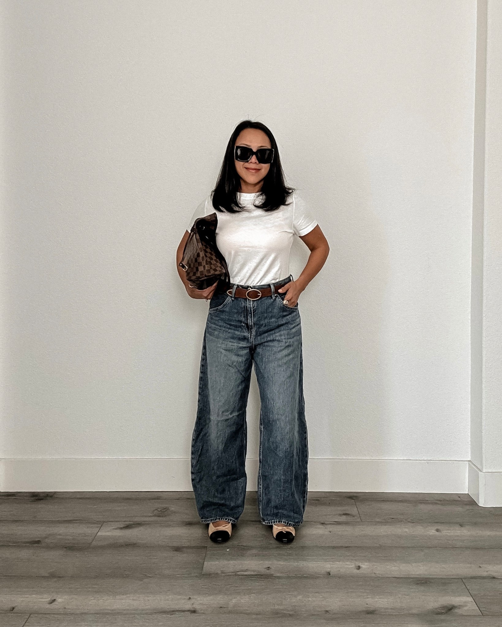basic white t-shirt // barrel jeans // tan belt // chanel ballet flats // chanel oversized sunglasses // louis vuitton damier ebene neverfull // casual friday 

#LTKPetite #LTKSaleAlert #LTKOver40