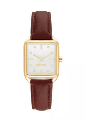 Nine West Women's Quartz Rectangular Gold Tone Honey Faux Leather Crystal Dial Watch | Belk