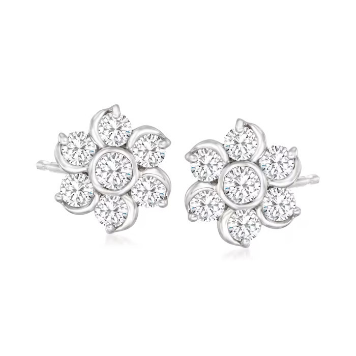 1.00 ct. t.w. Diamond Flower Stud Earrings in 14kt White Gold | Ross-Simons