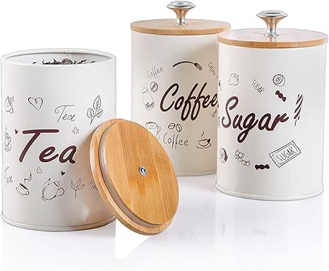 Kitchen Canisters Set of 3 Coffee Sugar Tea Container White Farmhouse Country Decor Canisters wit... | Amazon (US)