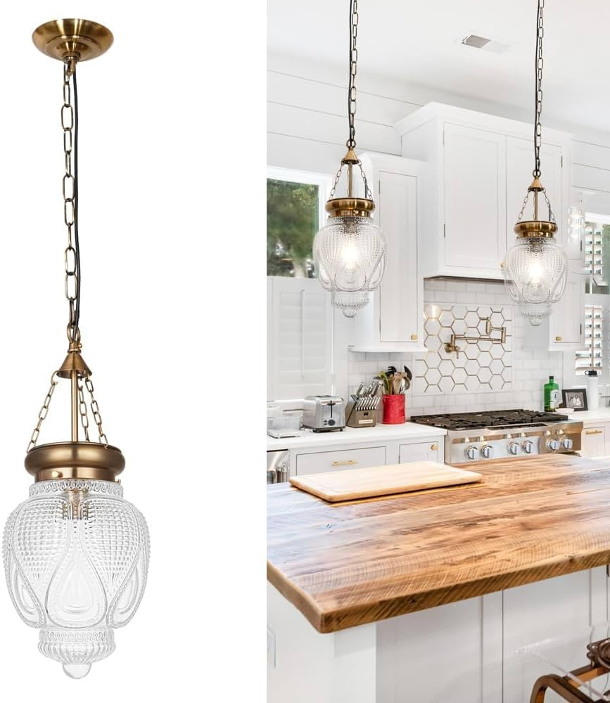 Farmhouse Brushed Pendant Light with 8in Clear Heavy Thick Glass, Vintage Brass Gold Pendant Ligh... | Amazon (US)