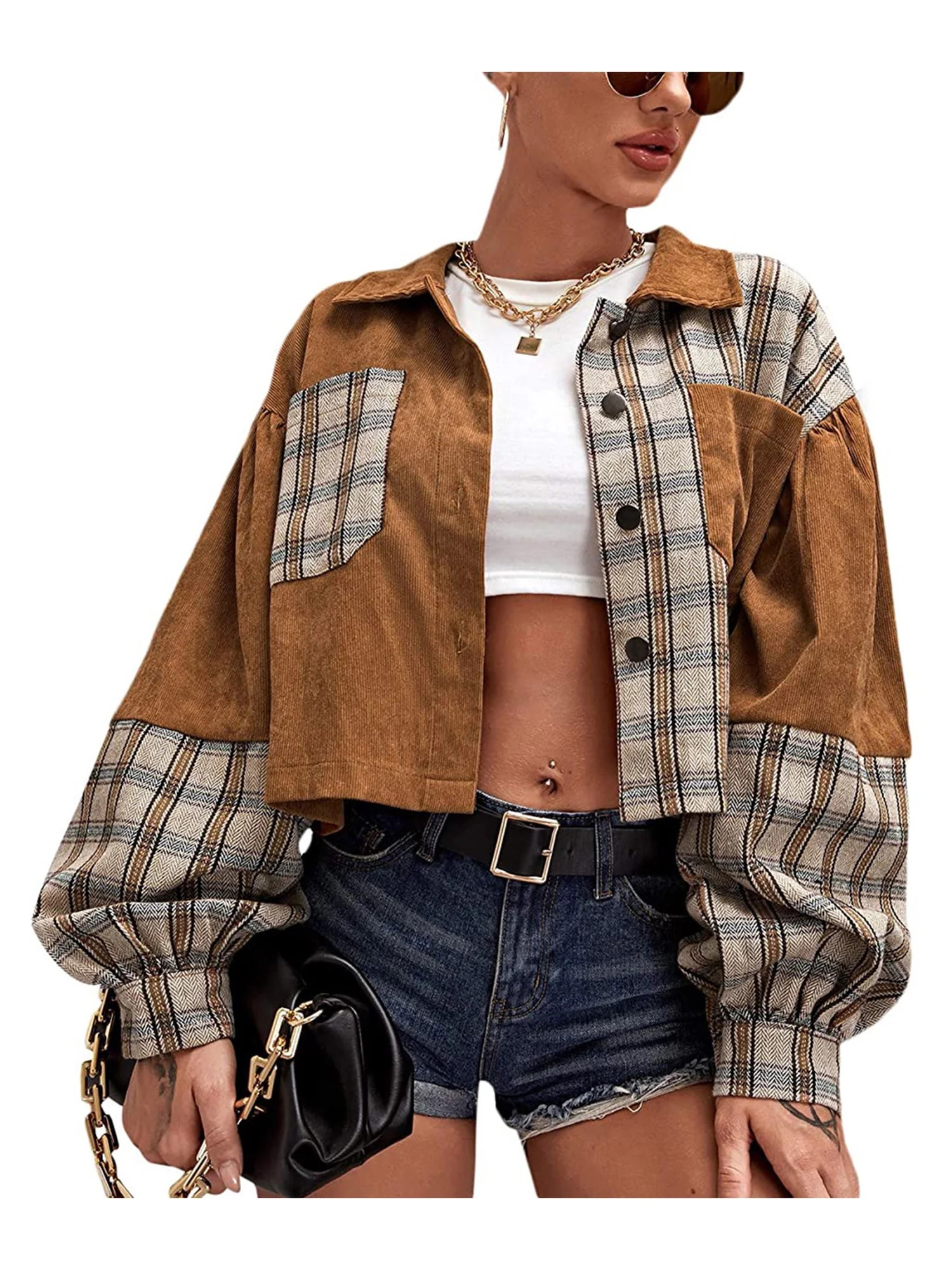 Amuver Women's Long Sleeve Button Down Plaid Print Patchwork Corduroy Jacket - Walmart.com | Walmart (US)