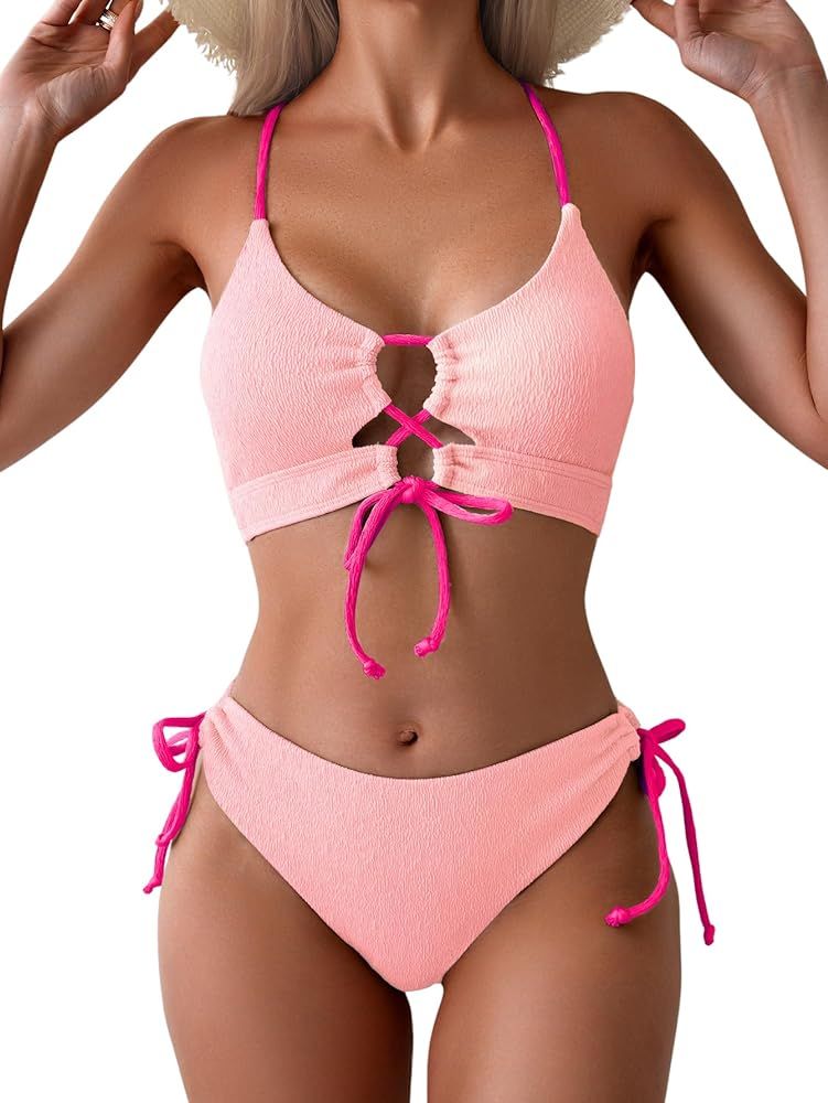 B2prity Women's Sexy Bikini Set Color Block Lace Up 2 Piece Bathing Suit Tie Side Swimsuit | Amazon (US)