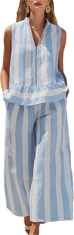 Mingzhu Women's Summer Striped 2 Piece Outfits Sleeveless Ruffle Top and Wide Leg Pants Lounge Zi... | Amazon (US)