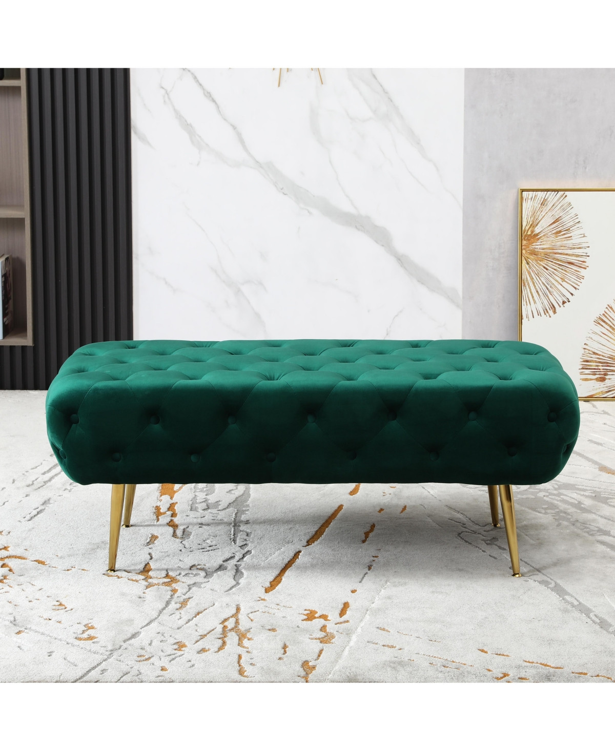 Velvet Button Tufted Bench with Gold Metal Legs, Green - Green | Macy's