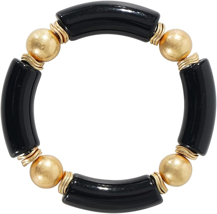 Gold Plated Beaded Acrylic Bamboo Tube Bangle Bracelets for Women, Colorful Chunky Curved Tube Wi... | Amazon (US)