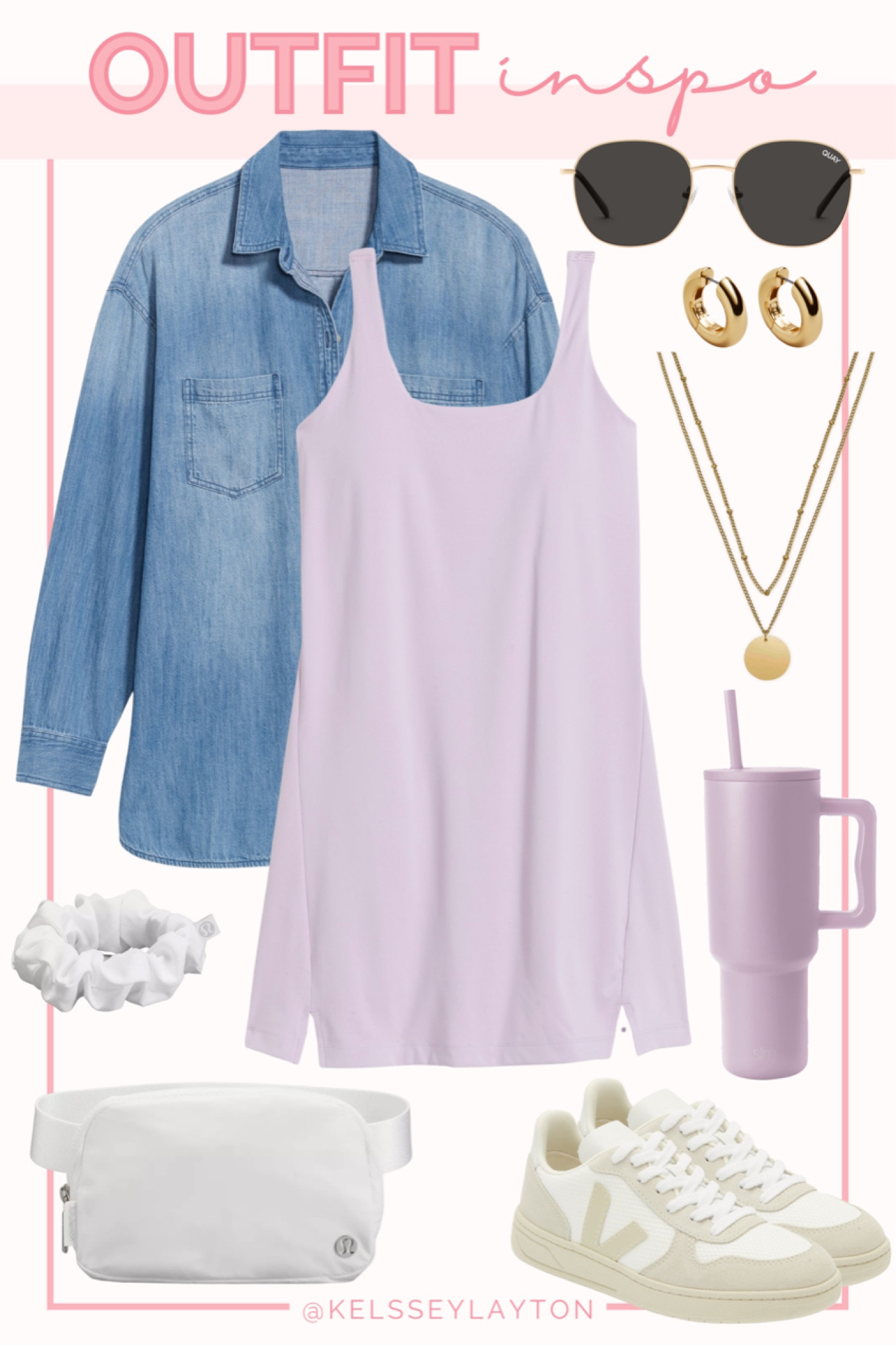 Outfit idea, tennis dress, active dress, skort dress, old navy, chambray shacket, Lululemon belt bag, Veja sneakers 

#LTKshoecrush #LTKunder50 #LTKsalealert