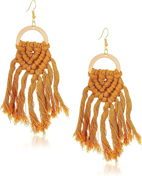 Tassel Cotton Fringe Earrings with Copper Half Circle Hoop, Handmade Lightweight | Amazon (US)