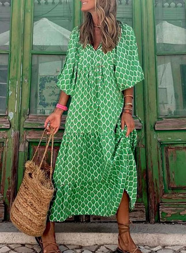 Dokotoo Women Boho Maxi Dresses 2024 V Neck Long Puff Sleeve Smocked Ruffle Flowy Casual Dress | Amazon (US)