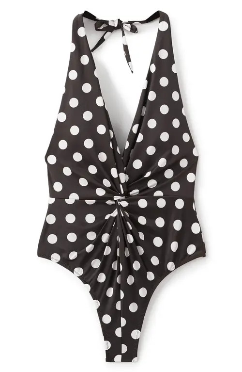 MANGO Polka Dot Halter One Piece Swimsuit in Brown at Nordstrom, Size Medium | Nordstrom
