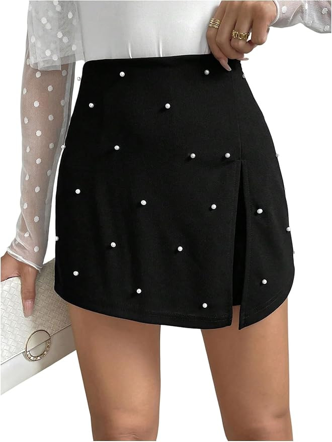 Floerns Women's Pearl Beaded Slit Skort Elastic High Waist Cocktail Party Dressy Shorts | Amazon (US)