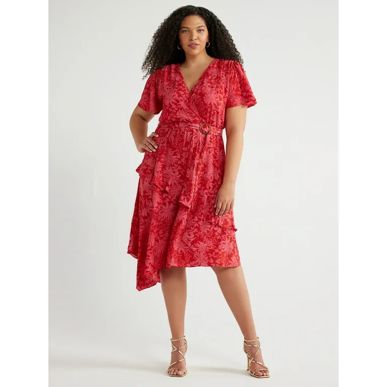 Sofia Jeans Women's and Women's Plus Faux Wrap Dress with Flutter Sleeves, Sizes XS-5X | Walmart (US)