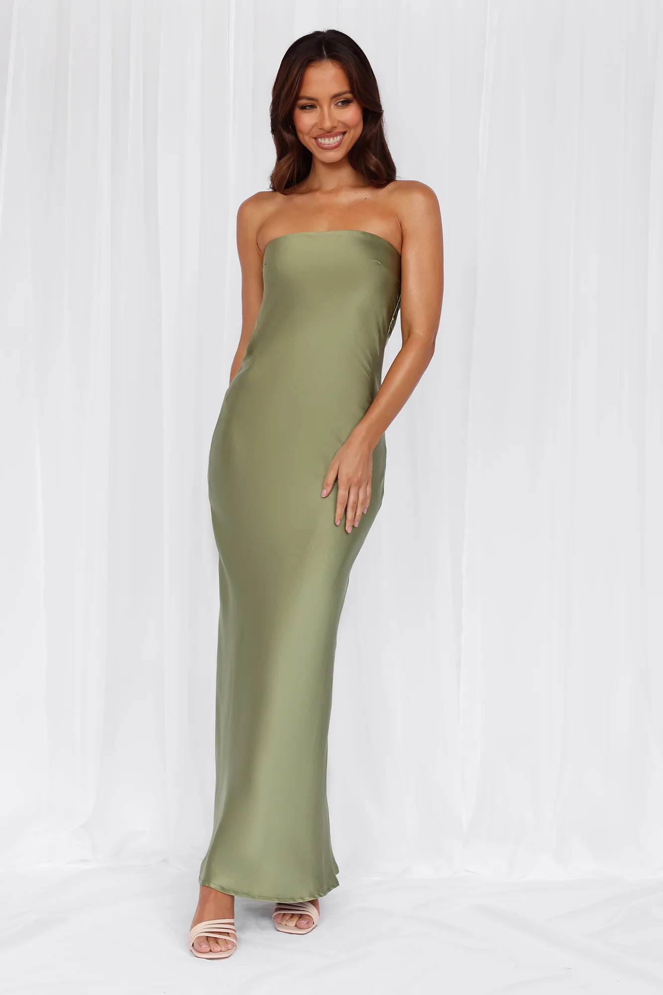 The Felicity Strapless Satin Maxi Dress Olive | Hello Molly (AU)