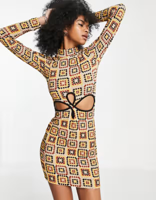 Bershka cut out crochet detail mini dress in multi | ASOS | ASOS (Global)